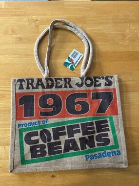 Trader Joe’s Coffee Beans Burlap Tote Bag - Natural with Red, Green, Blue Print